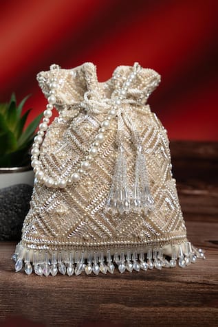 Nayaab By Sonia Pearl Criss Cross Ivory Potli 