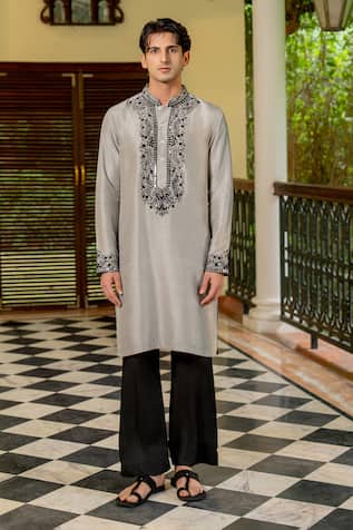 Slate Grey Tussar Silk Kurta & Pant Set 