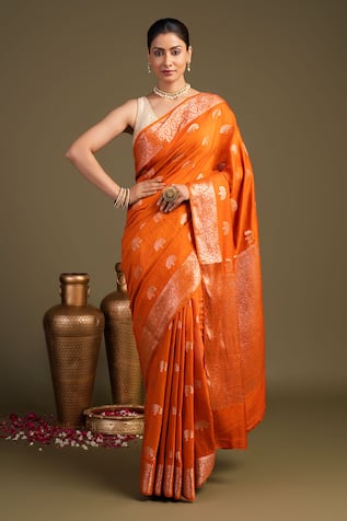 Zal From Benaras Moonga Silk Banarasi Handloom Saree With Unstitched Blouse Piece 