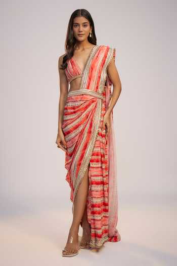 Nadima Saqib Red Printed & Embroidered Saree Set 
