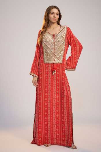 Nadima Saqib Red Printed & Embroidered Kaftan Dress 