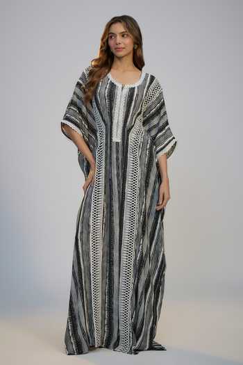 Nadima Saqib Black Stripes Printed & Embroidered Kaftan 