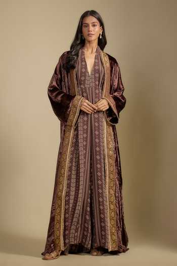 Nadima Saqib Brown Velvet Cape With Printed Jumpsuit 