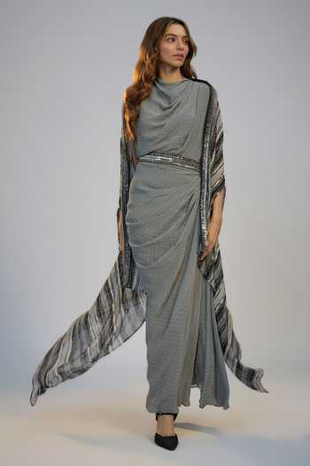 Nadima Saqib Black Printed & Embroidered Dress with Cape 