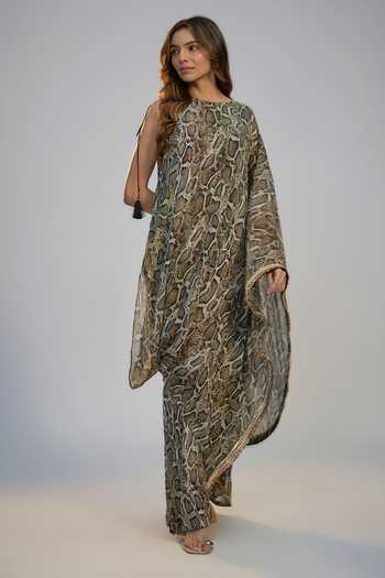 Nadima Saqib Snake Print & Embroidered Dress 