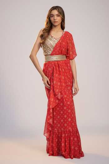 Nadima Saqib Red Printed & Embroidered Saree Set 