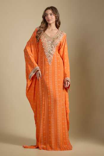 Nadima Saqib Orange Printed & Embroidered Kaftan Dress 