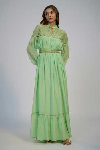 Nadima Saqib Green Cotton Crush Embroidered Dress 