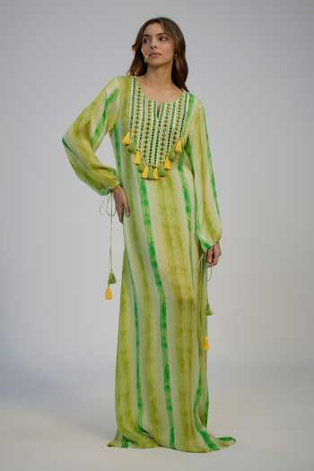 Nadima Saqib Lime Green Stripe Print & Embroidered Kaftan 