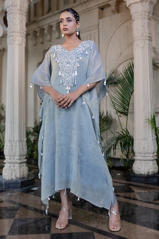 Farha Syed Ice Blue Embroidered Kaftan 