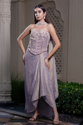 Farha Syed Champagne Rose Corset & Drape Skirt Set 