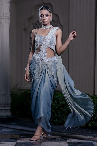 Farha Syed Ice Blue Embroidered Blouse & Saree Set 