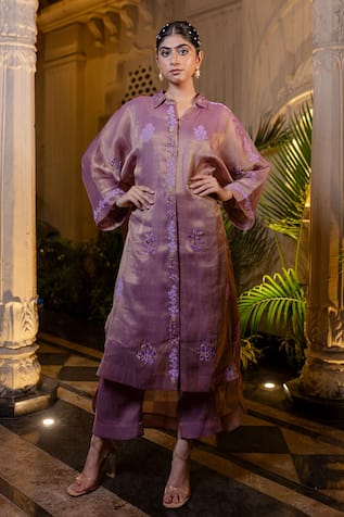 Farha Syed Lavender Hand Embroidered Kaftan Set 