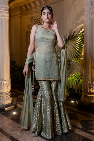 Farha Syed Mint Green Embroidered Sharara Set 