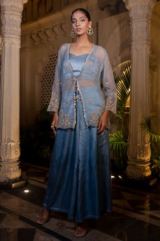 Farha Syed Ice Blue Bustier Pant & Jacket Set 