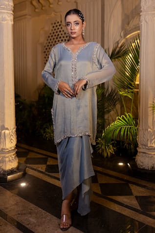 Farha Syed Ice Blue Embroidered Kurta & Drape Skirt Set 