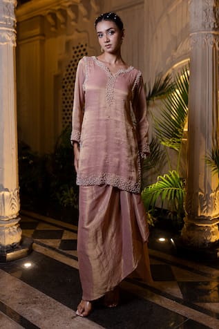 Farha Syed Peachish Pink Kurta With Draped Skirt 