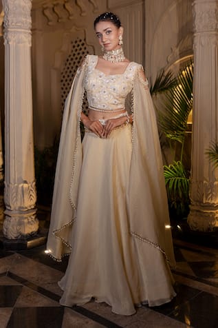 Farha Syed Ivory Beige Embroidered Lehenga Set 