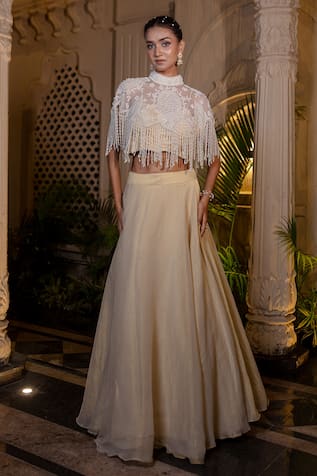 Farha Syed Ivory Beige Cape Lehenga Set 