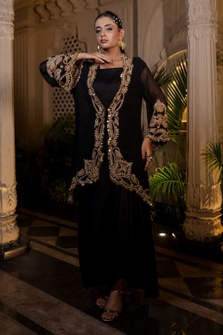 Farha Syed Black Bamberg Satin Draped Gown & Jacket 