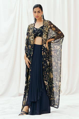 Redpine Designs Printed Cape Draped Skirt Set 