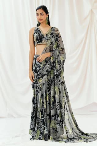 Redpine Designs Printed Pre-Draped Saree With Blouse 