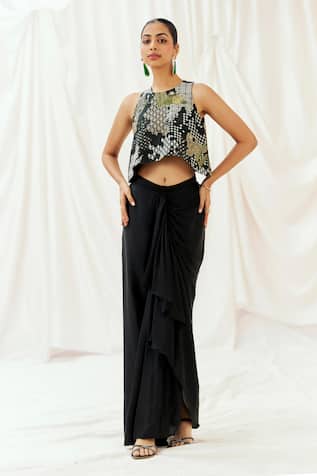 Redpine Designs Printed Top & Draped Skirt Set 