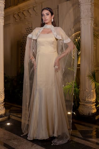 Farha Syed Ivory Beige Designer Gown & Cape Set 