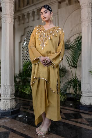 Farha Syed Yellow Hand Embroidered Kaftan Set 