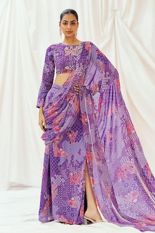 Redpine Designs Printed Pre-Draped Saree With Blouse 