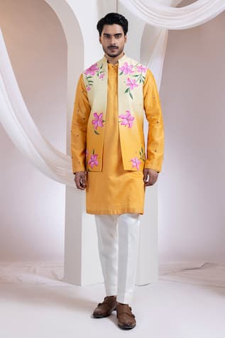 Smriti By Anju Agarwal Etch Line Kurta & Blosson Nehru Jacket Set 
