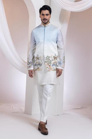 Smriti By Anju Agarwal Madhubani Neelra Nehru Jacket Kurta Set 