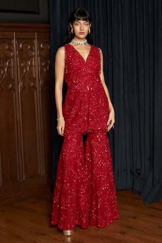 Istya Red Embellished Kurta Sharara Set 