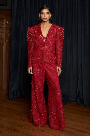 Istya Red Embellished Jacket Pant Set 