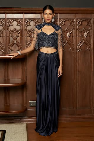 Istya Navy Embellished Blouse Skirt Set 