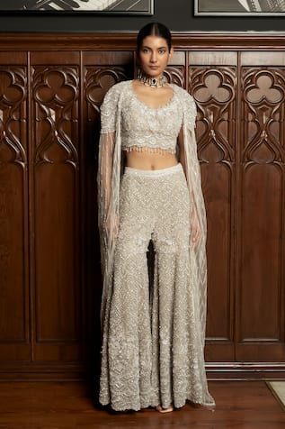 Istya Grey Embellished Sharara & Cape Set 