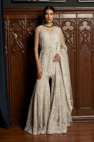 Istya Grey Embellished Kurta Sharara Set 