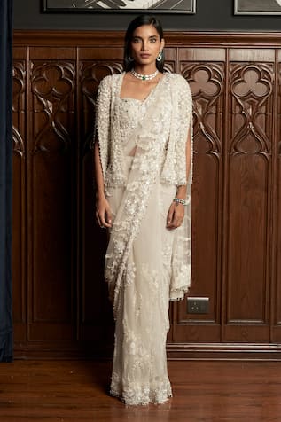 Istya Grey Embellished Saree Set With Jacket 