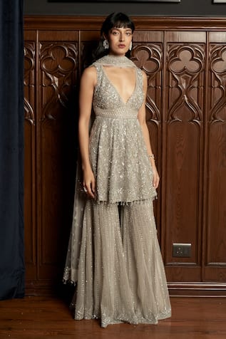 Istya Grey Embellished Kurta Sharara Set 
