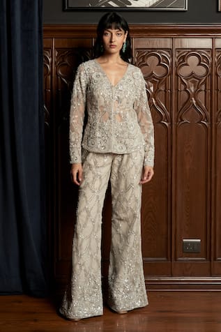 Istya Grey Embellished Jacket Pant Set 