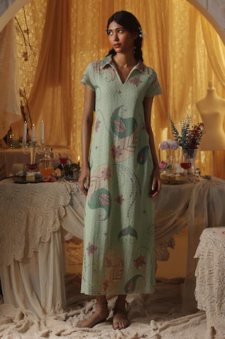 Kritika Murarka Mint Green Cotton Net Collared Maxi Dress 