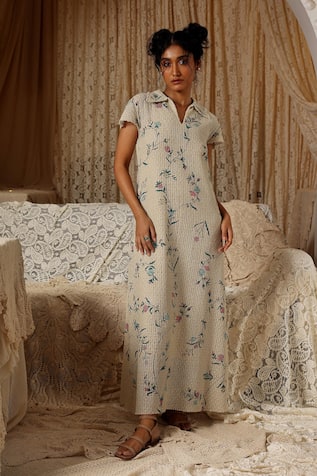 Kritika Murarka Beige Floral Cotton Net Collared Maxi Dress 