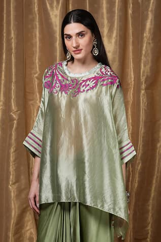 Krishna Mehta Floral Neckline Embroidered Kaftan 