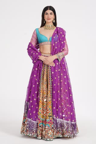 Abhinav Mishra Tangerine Hues Chanderi Embroidered Lehenga Set 