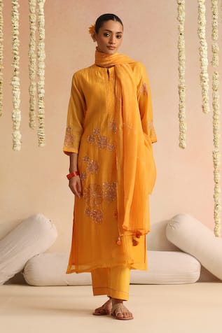 Beige Flower Embroidered Kurta Pant Set 