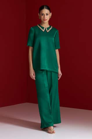 Sitaraa Adya Emerald Green Embroidered Top With Flared Pant 