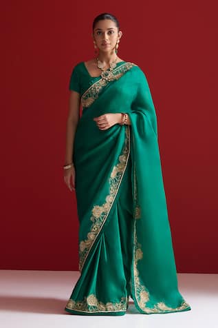 Sitaraa Ananta Emerald Green Embroidered Saree With Blouse 