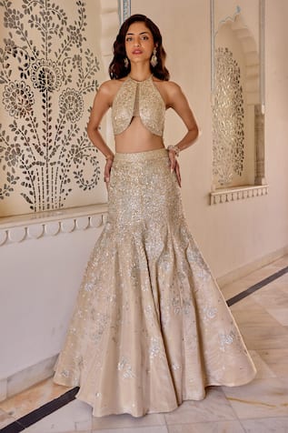 Osaa By Adarsh Frost Champagne Tissue Fishcut Lehenga With Blouse 