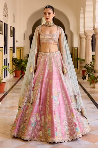 Osaa By Adarsh Rosaline Embroidered Pink Raw Silk Lehenga Set 