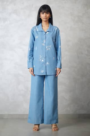 Nachiket Barve Dottie Denim Shirt & Pearl Detail Pant Set 